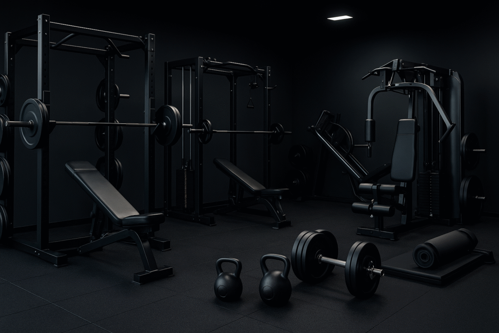 home gym moderne avec équipement de gym complet et machines multifonctions