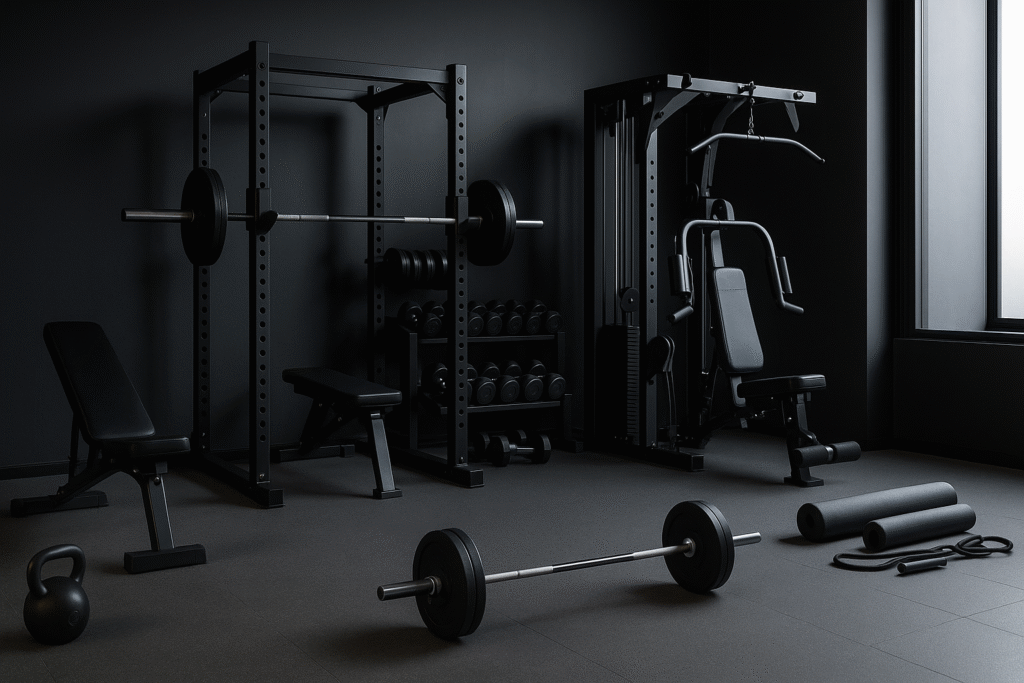 home gym réaliste avec machines de musculation et équipements de gym professionnels